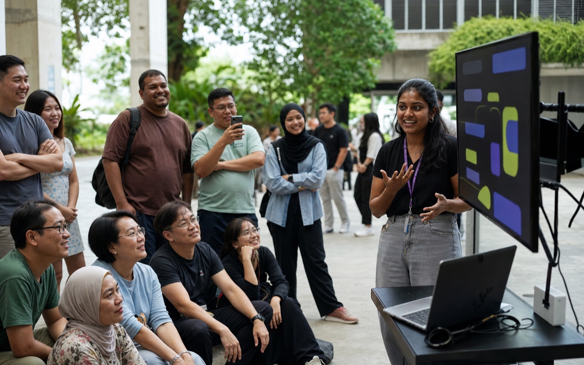 A builder presenting her project on a screen to a crowd of standing and seated onlookers